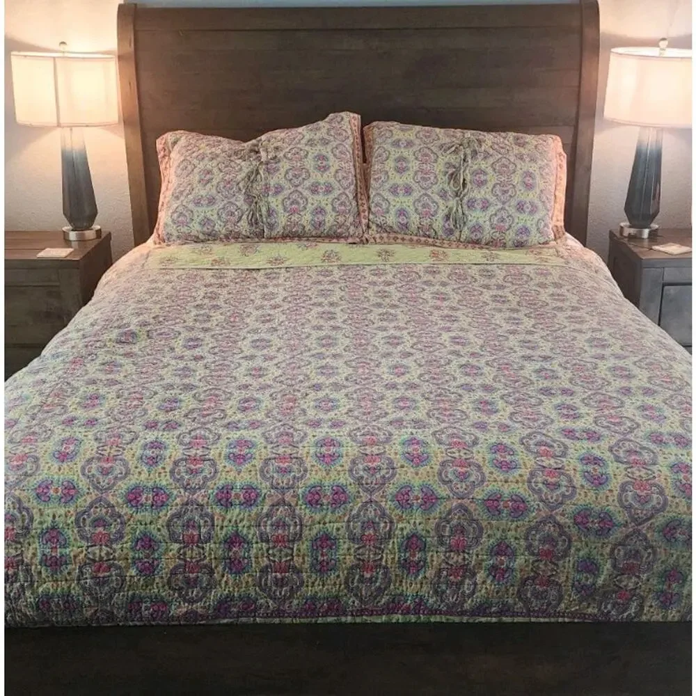 Soft Surroundings Cotton Quilt Reversible Green Purple Queen Sham Set